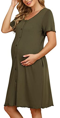 KOJOOIN Chemise de Nuit Naissance Femme d'allaitement Manches Courtes Vêtements de Nuit Coton de maternité avec Patte de Boutonnage sur Toute la Longueur Robe de Nuit,Vert armée(Manches Courtes),L