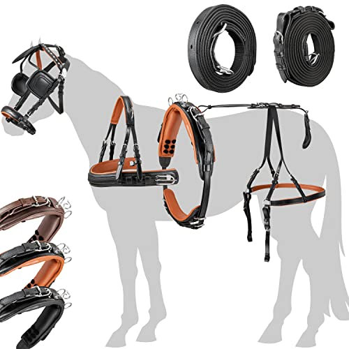 Esposita Einspännergeschirr „ Pferdeglück “ Pferdegeschirr Kutschgeschirr für Pferde Geschirr für Großpferde Fahrgeschirr Brustblattgeschirr Schwarz, Braun unterlegt Gr. Cob
