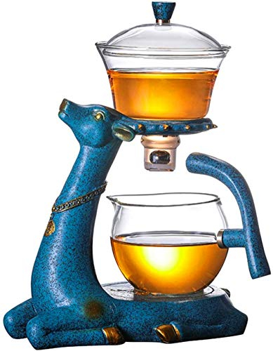 Aoheuo Kungfu Juego de té de cristal con calentador magnético de desviación de agua cubierta giratoria tazón perezoso semiautomático tetera de vidrio (azul-sin taza)