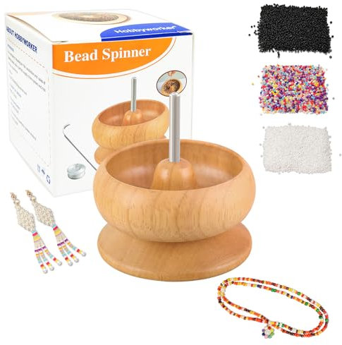 hobbyworker Holzperlen-Spinner mit 2 großen Nadeln, 8000 Rocailles-Perlen und 1 Überraschungs-Geschenkpackung für Schmuckherstellung, schnelles Auffädeln von Perlen, manuell betrieben