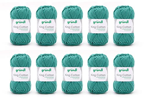 Gründl Wolle King Cotton - dicke Wolle zum Stricken - Strickgarn - Häkelgarn - weich und hautfreundlich - 55% Polyacryl, 45% Baumwolle - 10 Knäuel 50 g / 78 m - Nadelstärke 6-7 - jade