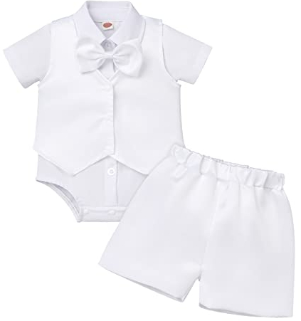 Baby Jungen Taufbekleidung Kleinkind Taufe Anzüge Baumwolle Shirt Kurzarm Body Strampler Weste Shorts Gentleman Fliege Set Formale Geburtstag Party Outfit Sommer Bekleidungsset Weiß 6-12 Monate