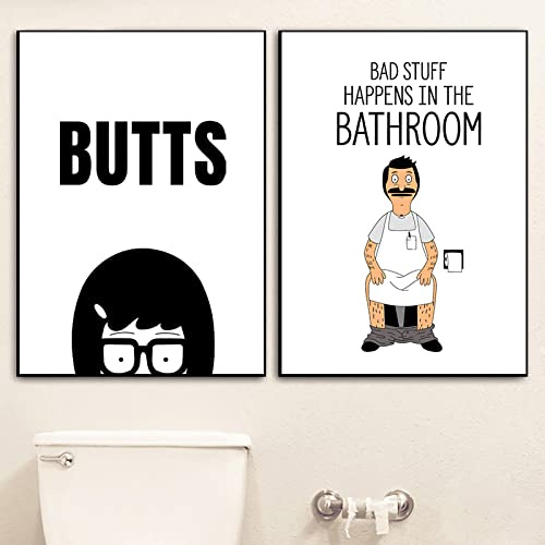 TANYANG Schwarz Weiß Bob'S Burgers Leinwand Kunstdrucke Poster Tina Belcher Butts Zitate Minimalistische Malerei 2 Stück Wandbilder Badezimmer Dekor 30Cmx40Cm Kein Rahmen