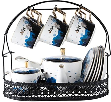 22 Pieces Blue Luxurious Porcelain Tea Service, Coffee Tea Gift Sets Cups Saucer Teaspoons Service for 6, Teapot, Sugar Bowl, Creamer Pitcher With Display Stand for Afternoon Tea for Adults