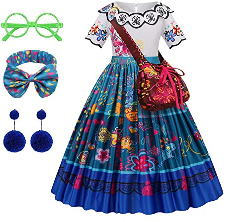 JMOCD Mirabel Kleid Kostüm,Prinzessinnenkleid mit Umhängetasche, Brille, Haargummis und Ohrring für Mädchen, Halloween Fasching Geburtstag Party Cosplay Outfit (130)