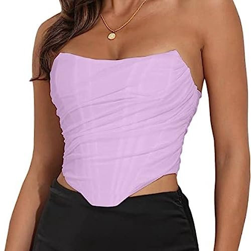 TatbUL Corset Mujer,Mujeres Malla Simple Gasa Corsé Top Lila Sexy Corte Bajo Hombro Corsé Bustier Irregular Delgado Overbust Bustier Body Shaper Lencería Deshuesada Corsé Salir Fiesta,M