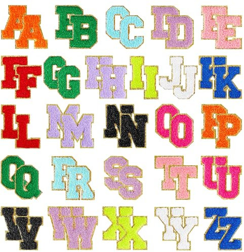 Morcheiong 52Pcs Self Adhesive Chenille Letter Patches A to Z, Chenille Letters for DIY Clothing, Fabric, Shoes, Bags (Multicolor)