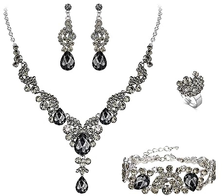 EVER FAITH 4 Stück Schmucksets für Damen Party Hochzeit Braut Strass Kristall floralen Welle Teardrop Halskette baumeln Ohrringe Armband Ring Set Grau Silber-Ton