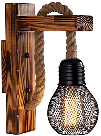 Weskjer applique murale industrielle Lampe murale en bois, corde de chanvre, abat-jour de lampe murale de style steampunk industriel E27 Luminaires muraux rétro pour salon, chambre, couloir, café bar