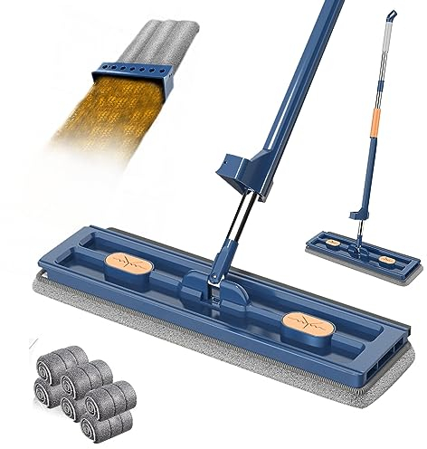 Großer Flachmop, 2023 Neu Großer Flach Mopp Bodenwischer, Flacher Wischmopp mit auswringfunktion, 360° Drehgelenk Bodenwischer Set Flachmopp mit Wiederverwendbaren Mikrofaser-Wischpads (Blau + 6 Pads)