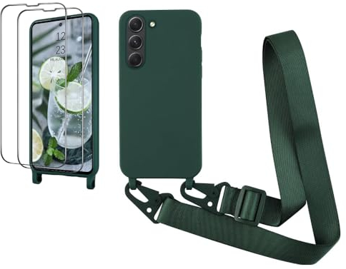 CaseLover Handyband für Samsung Galaxy S23 5G Hülle mit Band, Premium Flüssiges Silikon Necklace Handyhülle mit 2 Stück Schutzfolie Verstellbarer Kordel zum Umhängen Stossfest Schutzhülle, Dunkelgrün