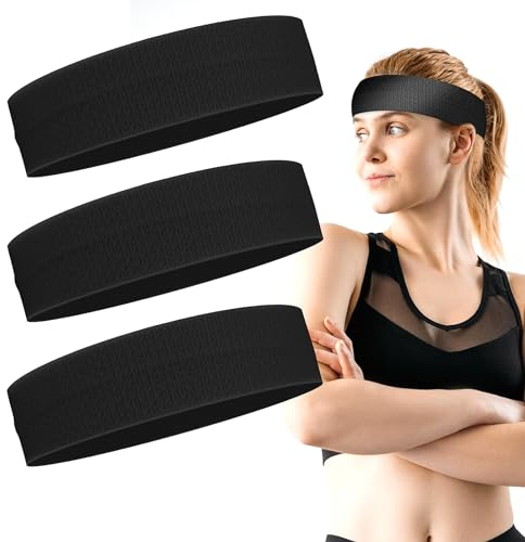 TIESOME 3er Pack Haarband Damen, Yoga Headbands, Sport Stirnbänder für Damen rutschfeste Schweiß Haarbänder elastische breite Stirnbänder weiche Stoff Haarbänder(Schwarz)