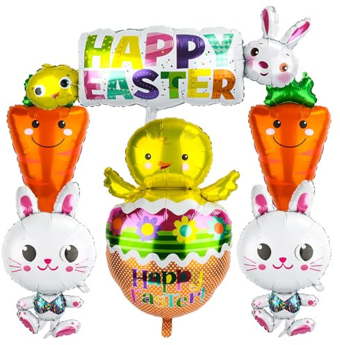 6St Oster Luftballons, Bunt Oster Folienballons Hasen Ballon Karotte Küken Frohe Ostern Luftballons Oster Party Ballon Ostern Deko für Geburtstag Babyparty Fröhliche Mottoparty