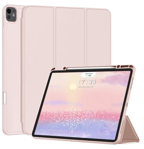 FANSONG Case for iPad Pro 11 inch 2024 M4 with Auto Sleep Wake Pencil Holder Tri-fold Hard Shell Stand TPU Smart Cover Slim Supports Charging Apple Pencil for A2837 A3006(Pink)