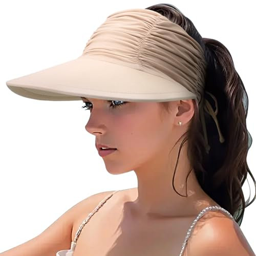 DRESHOW Damen Visor Sonnenhut Breite Krempe Hut Einstellbar Faltbarer Pferdeschwanz Strandhut Sommer UV Schutz Außen Hut UPF 50+