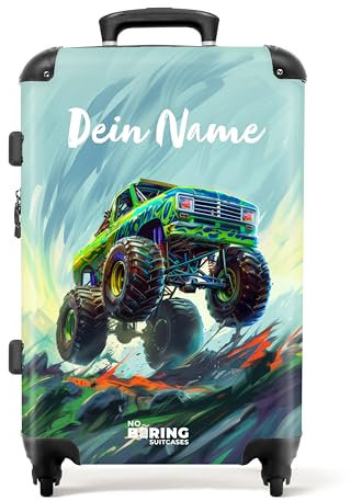 NoBoringSuitcases.com Kinderkoffer, Koffer Personalisiert, Kinderkoffer Jungen, Koffer Groß, Koffer Kinder, TSA, Kindertrolley Jungen, Koffer 20kg Gepäck, Koffer M (Monstertruck - Grün 67 cm - 72 L)