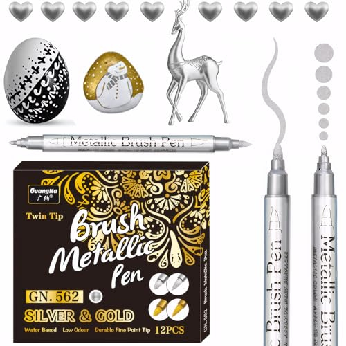 EFNHJF5 12 Stück Silber Metallic Marker Stifte,Metallic Stifte Dünn 0.5-3.0 mm Dual Tip Set für Fotoalbum,Gästebuch,Osterdekoration,Glas,Keramik,Steinmalerei, Bastelsachen (Silber)
