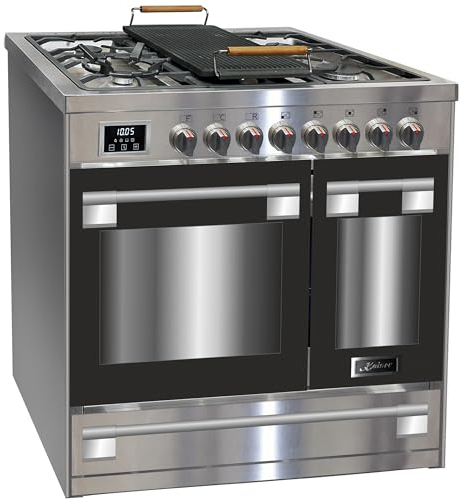 Kaiser HGE 93201 R Premium - Estufa de Acero Inoxidable Con Doble Horno Eléctrico de 115 L, 90 cm, 8 Funciones, 5 Quemadores de Gas de 3,7 kW, WOK de Gas Natural y Propano | Autolimpieza