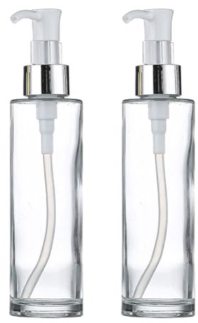 Lot de 2 flacons à pompe en verre transparent de 120 ml avec tête de pompe blanche vides rechargeables pour distributeur de savon liquide pour huiles essentielles, shampooing, gel