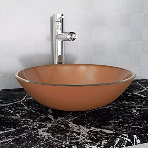JUDYY Waschbecken Hartglas 42 cm braun, Aufsatzwaschbecken, Bathroom Sink, Waschtisch, Aufsatzbecken, Ablaufgarnitur - 142232