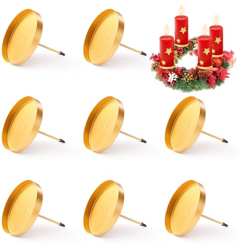 Dulov 8 Stück Adventskranz Kerzenhalter, Metall Kerzenständer, Kerzenteller Kerzenstecker mit Dorn, Adventskerzenhalter für Advent Weihnachten Tisch Deko (Glod.8cm)