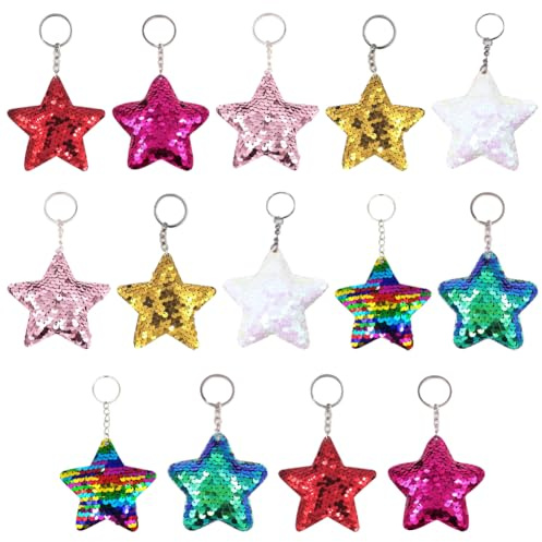 Glitzerstern-Schlüsselanhänger, bunte Pailletten-Schlüsselanhänger, wendbar, niedlich, glänzend, für Kinder und Erwachsene, 14 Stück