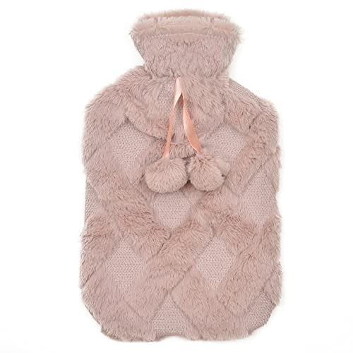 Teddy Sherpa Fleece Diamond Pattern Hot Water Bottle with Knitted Cover Hot Water Bag for Hot and Cold Compress Everyday Hot Water Bottle Hand Feet Warmer Neck and Shoulder Pain Relief (Pink)
