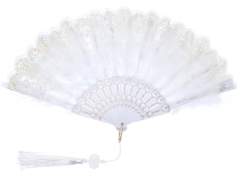 PATIKIL Embroidered Flower Marabou Feather Fan, 1920s Vintage Folding Handheld Fan Chinese Flapper Hand Fan for Costume Party Dancing Wedding Show Tea Decoration, White
