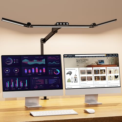 LyriFine Schreibtischlampe Klemmbar, 72 cm Verstellbarer Lampenarm Schreibtischlampe LED Dimmbar für Homeoffice, 7 Farbmodi x 5 Helligkeitsstufen Monitor Lampe, Dimmfunktion Schwanenhals Lampe Schwarz
