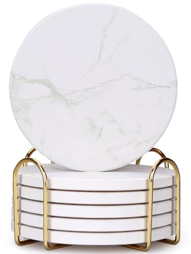 Dksyee Coasters Set of 6 White Marble Style Ceramic Drink Coasters with Holde Coffee Table Decor Drinks Absorbent Stone Coasters for Rustic Farmhouse, Bar, Coffee, Table, Desk, Gifts