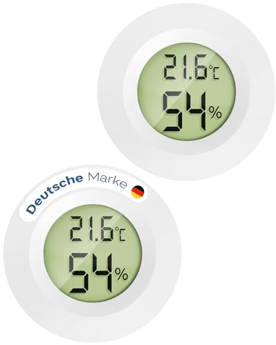 MAVORI® 2er Set Mini Thermometer Hygrometer rund - digitaler Luftfeuchtigkeitsmesser & Raumthermometer mit Spangen-Einbau, C/F & on/off Funktion - für Innenräume, Reptilien, Filament, Grow