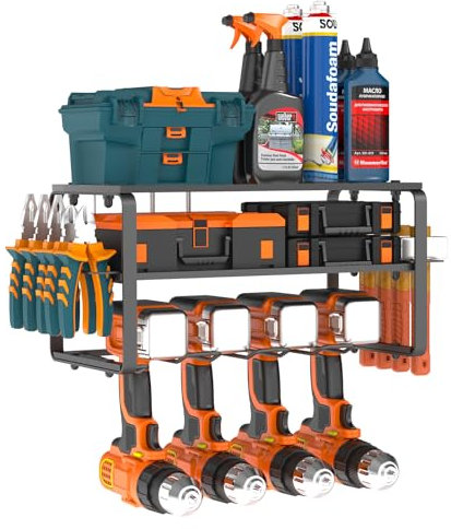 GOYOXOKY Werkzeugspeicher Wandhalterung, Werkzeug Werkzeugständer für 4 Elektrowerkzeug, 3 Ebenen Schlagbohrschrauber Werkzeugregal mit Schraubendreher Halter 4 Bohrerhaltern für Garage, Werkstatt