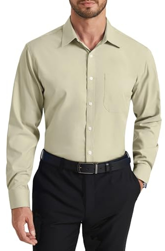 HISDERN Chemise Khaki Clair à Manches Longues pour Hommes Chemise Habillée en Fibre de Bambou Coupe Régulière Chemise sans Repassage avec Poche,2XL
