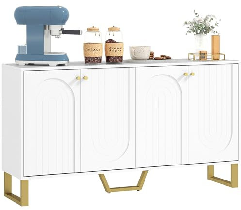 HOMCOM Aparador 4 Puertas Aparador para Salón Moderno con Estantes Ajustables y Patas Doradas para Comedor Entrada Mueble para TV hasta 65 Pulgadas Blanco 140,8x35x77,5 cm