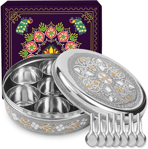 KSJONE Designer-Gewürzbox, 7 Gewürzgläser, für 7 Gewürze, Stahl-Gewürzbehälter mit 7 Löffeln, Aufbewahrung für Gewürze und Trockenfrüchte, indische Masala-Dabba-Geschenke für Frauen
