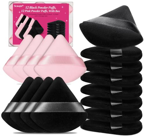 Scaups 24Pcs Black and Pink Powder Puff, Triangle Powder Puffs, Powder Puffs for Makeup and Cosmetic Foundation