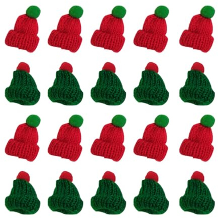 UKCOCO 20 Stück Mini-Wollmütze: Gestrickte Weihnachtsmannmützen in Rot + Grün - Für Weinflaschen-Deko, Christmasbaumschmuck, Puppenzubehör und DIY Handwerk