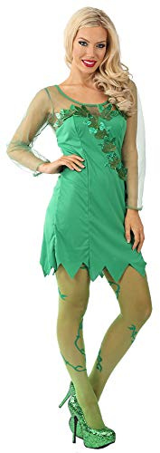 Classified Poison Villian Toxic Temptress Costume, Green Dress with Sparkle Ivy Accents with Mesh Sleeves, Adult Fantasy Cosplay Outfit (Large (12's))