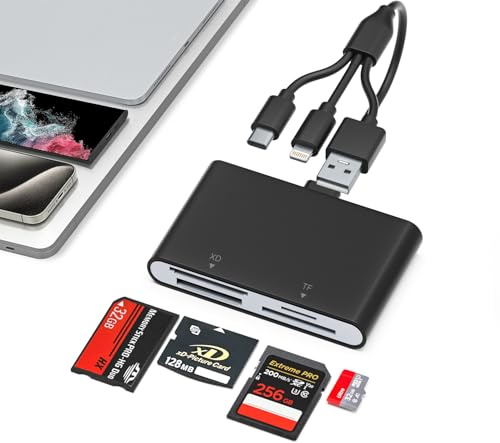 Memory Stick Pro Duo Adapter - 4-in-1 Multi Memory Card Reader for SD/Micro SD/MS/XD-Picture-Card, Sony Cybershot Memory Card with Lightning/USB-C/USB-A for iPhone 17/16/15/iPad/Android/PC/MAC