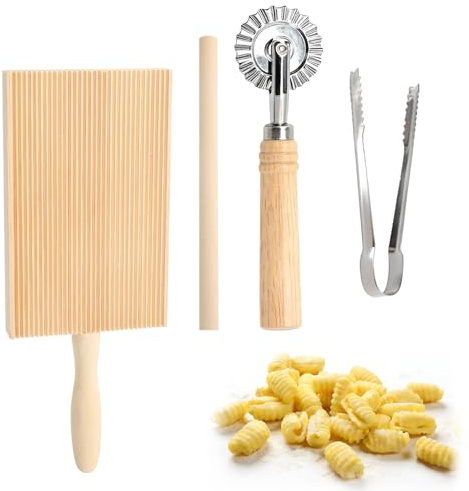 Gnocchi Brett Holz Set mit Teigschneider Spätzlebrett mit Schaber, Nudelbrett & Ravioli Roller für hausgemachte Nudeln Pasta Zubehör für Küche & DIY Nudeln selber machen