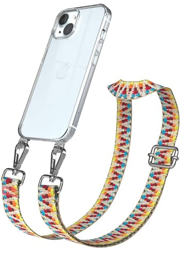 EAZY CASE Handykette - Verstellbares Taschenband kompatibel mit iPhone 15, Schulterriemen, Handykordel mit Silikon Hülle, Umhängetasche, Regenbogen Silber