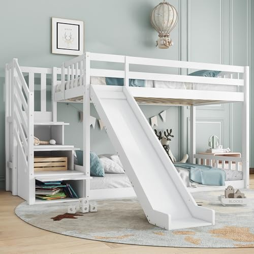 Ball & Cast Bunk Bed with Slide and Stairs, Double Bunk Bed with Storage for Bedroom, Solid Wood Bed Frame with 3 Drawers and Guard for children, 90x190cm, White, without Mattress
