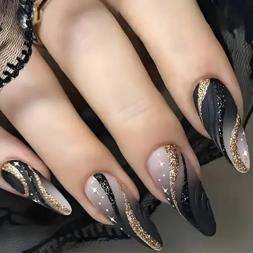 Chrome Fade to Black Stiletto Press-on Nails - 24PCS Glitter Star Design Full Cover Acrylic French Tip for Elegant Manicure, Long Glamorous False Nails with Ombre Gold and Black Sparkle for Women