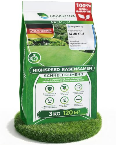 Rasensamen schnellkeimend Sommer 3kg – TEST SEHR GUT – Grassamen schnellkeimend Rasen Nachsaat Made in Germany – Rasensaat 120qm - Rasensamen Sommer Samen von Natureflow