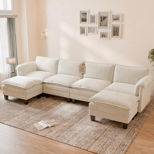 ELUCHANG XXL Wohnlandschaft U-Form, 336 cmBreit Modulares Sofa 4-Sitzer, Chenille Couch mit 2 Ottomanen, 62cm Sitztiefe, Schlafsofa-Funktion, Werkzeuglose Montage, Beige