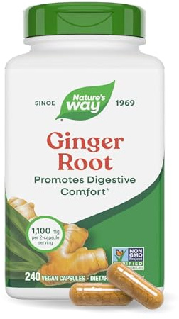 Nature's Way Ginger Root Capsules, 1100 mg per 2-Capsule Serving Ginger Supplement for Digestive Comfort and Motion-Related Nausea Support*, Vegan, Non-GMO Project Verified, 240 Count