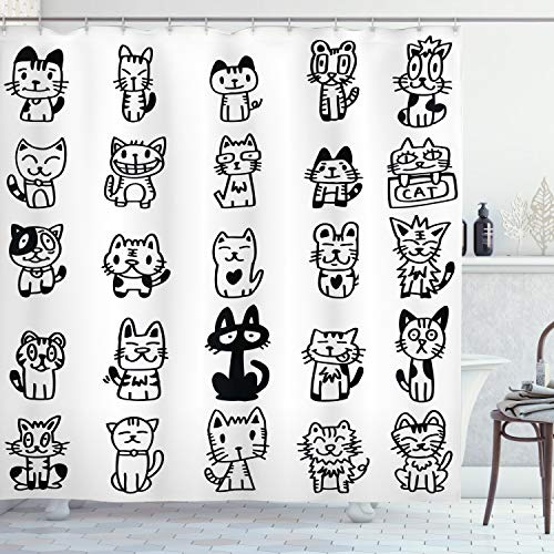 ABAKUHAUS Katzen Duschvorhang, Katzen mit glücklichen Gesichtern, Stoffliches Gewebe Badezimmerdekorationsset mit Haken, 175 x 200 cm, Weiß und Schwarz
