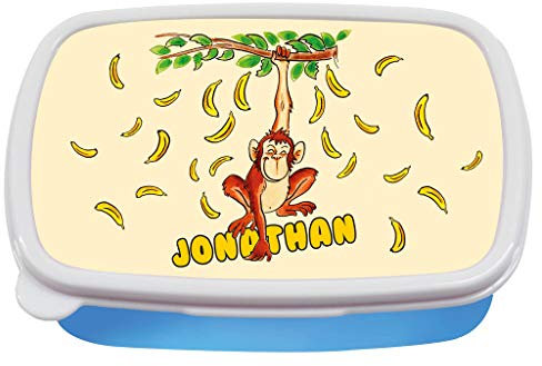 Wandtattoo Loft Brotdose Hängender AFFE mit Bananen und Wunschnamen -Blau
