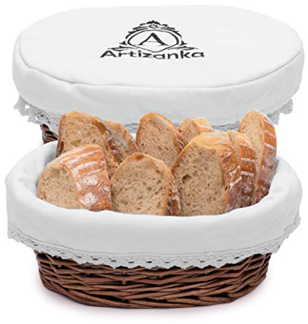 A ARTIZANKA Cestino per il pane in vimini fatto a mano medio per set da portata, 28 cm, cestino per pane e pasticceria con fodera rimovibile e coperchio, contenitore per pane e cesto di frutta