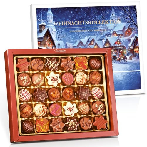 Pralinenbote Genussmanufaktur – Pralinen Geschenkbox Weihnachten mit 30 handgefertigten Weihnachtspralinen deutscher Chocolatiers, das Pralinen Geschenk
